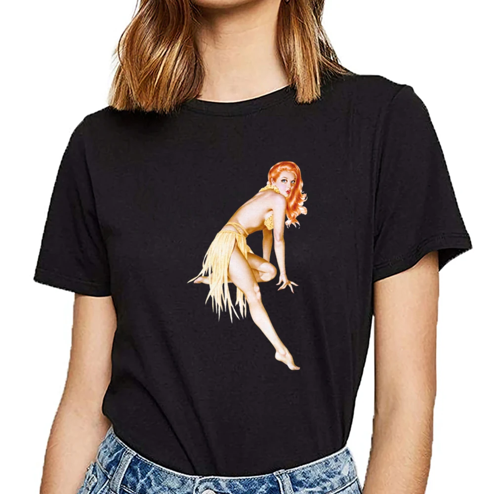 Топы Футболка Для женщин ретро стиле пин-ап для девочек красный темно-бежевый