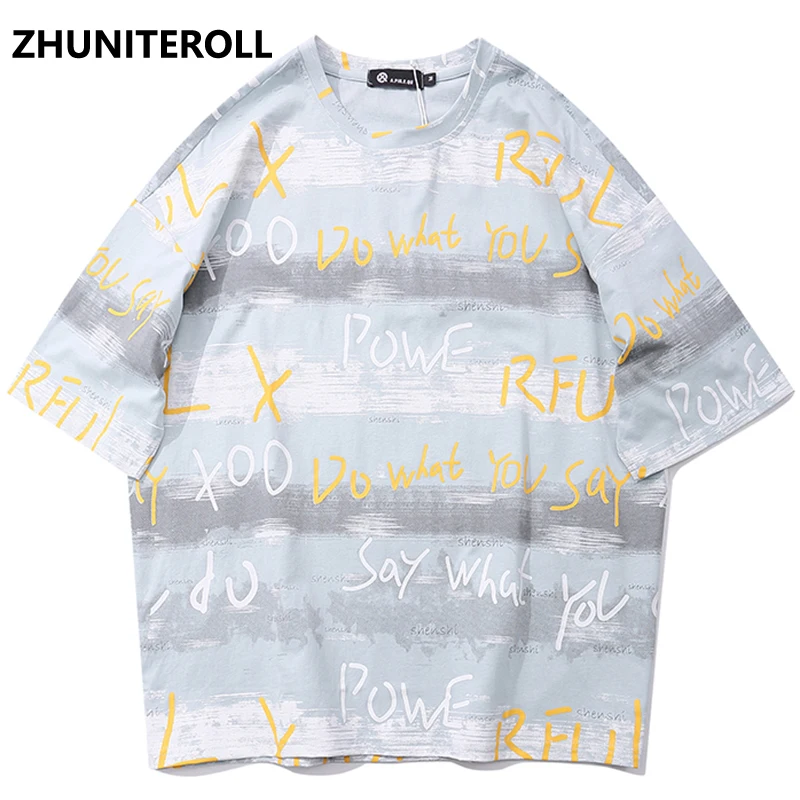 

2021 Summer Harajuku T-shirt Men Graffiti Striped Letter Print Half Sleeve Fashion Casual Hip Hop Streetwear Tops White Clothing