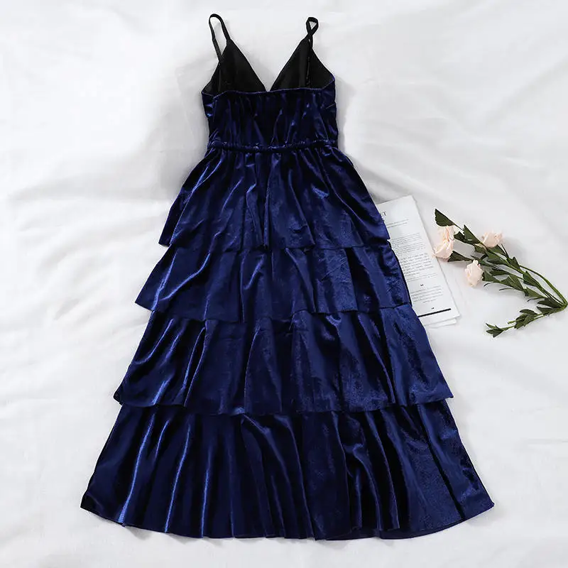 Vintage Gold Velvet Long Dress Women Sleeveless Spaghetti Strap V-Neck Sexy Multi-Layer Ladies Party Vestidos C5746 | Женская одежда
