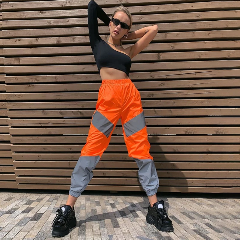 

Spring Autumn Loose Hight Waist Flash Reflective Patchwork Jogger Pants 2021 Women Streetwear Outfits Ankle Length Pants
