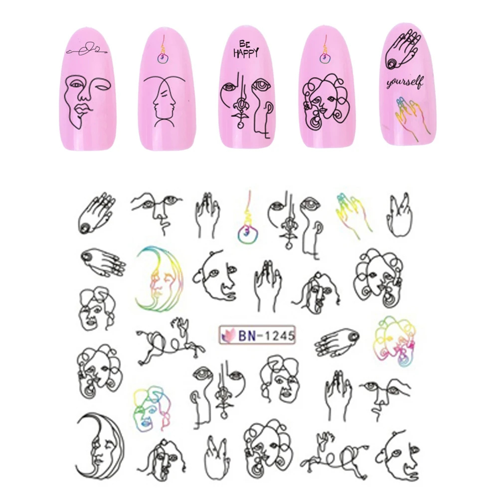 12Patterns/sheet Black Line Coloful Abstract Image Nail Sticker Decals Sexy Girl Water Transfer Slider For Nails DIY Art