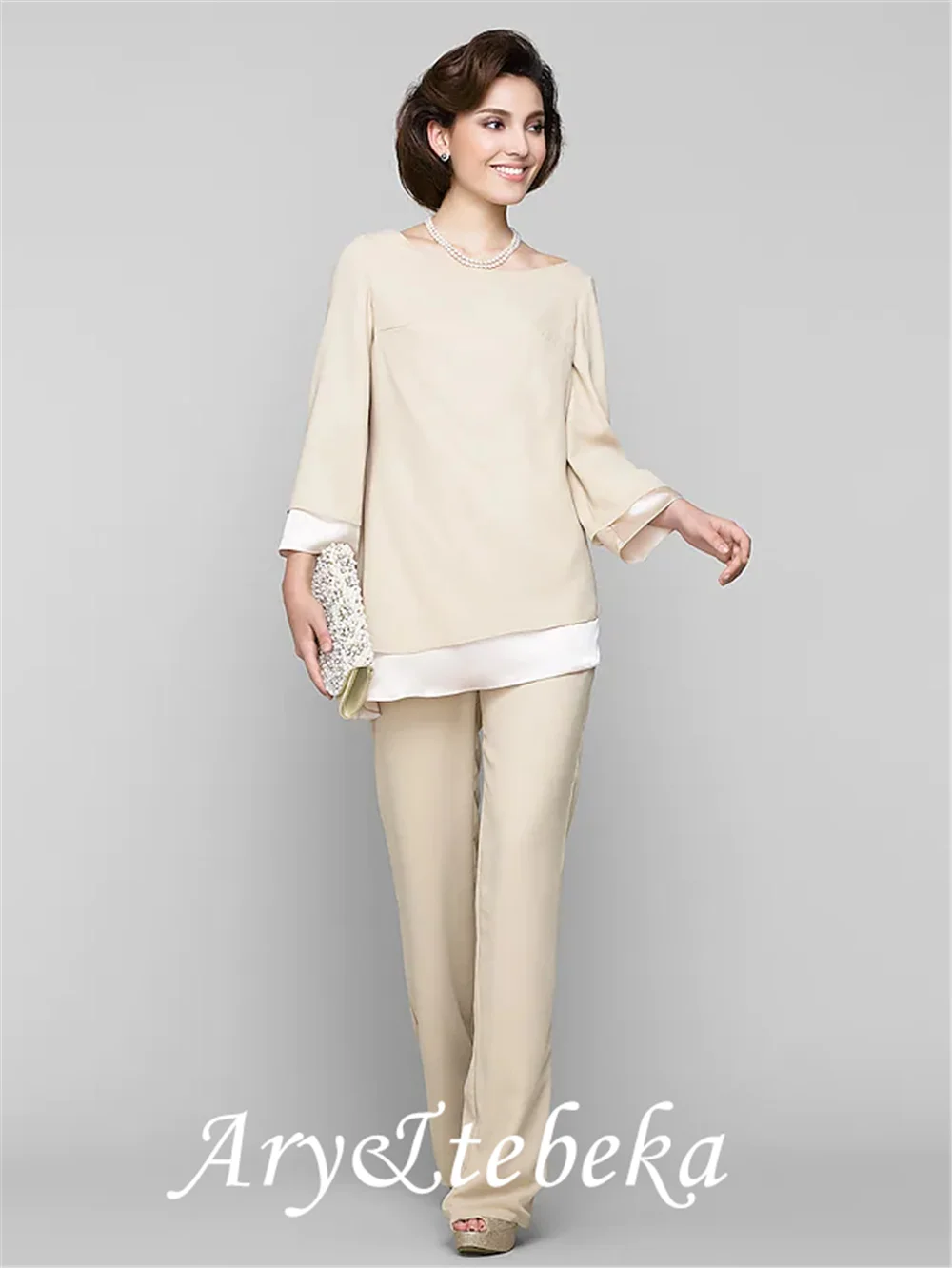 

Jumpsuits Sheath / Column Mother of the Bride Dress Jumpsuits Scoop Neck Floor Length Chiffon Long Sleeve with 2021