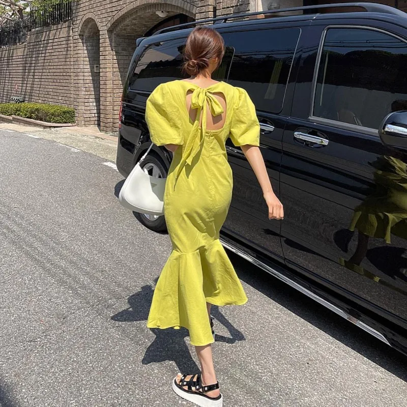 

Summer Korean Chic Back Bandage Slim Square Neck Puff Short Sleeve Hollow Out Mermaid Dress Women Temperament Sexy Solid Retro
