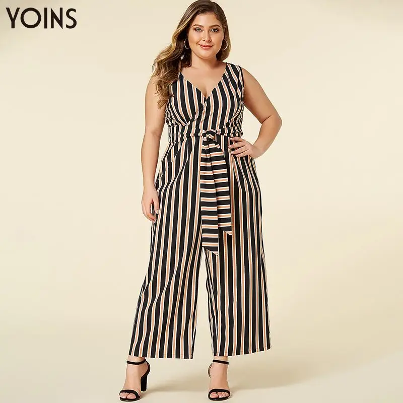 YOINS 2020 Spring Summer Women Stripe Sexy Deep V-neck Belt Jumpsuits Female Elegant Wide Leg Jumpsuit Plus Size Romper Trouser | Женская