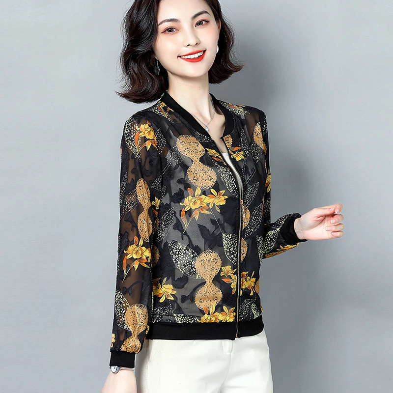 Куртка-бомбер женская кружевная с принтом модная базовая тонкая офисные жакеты