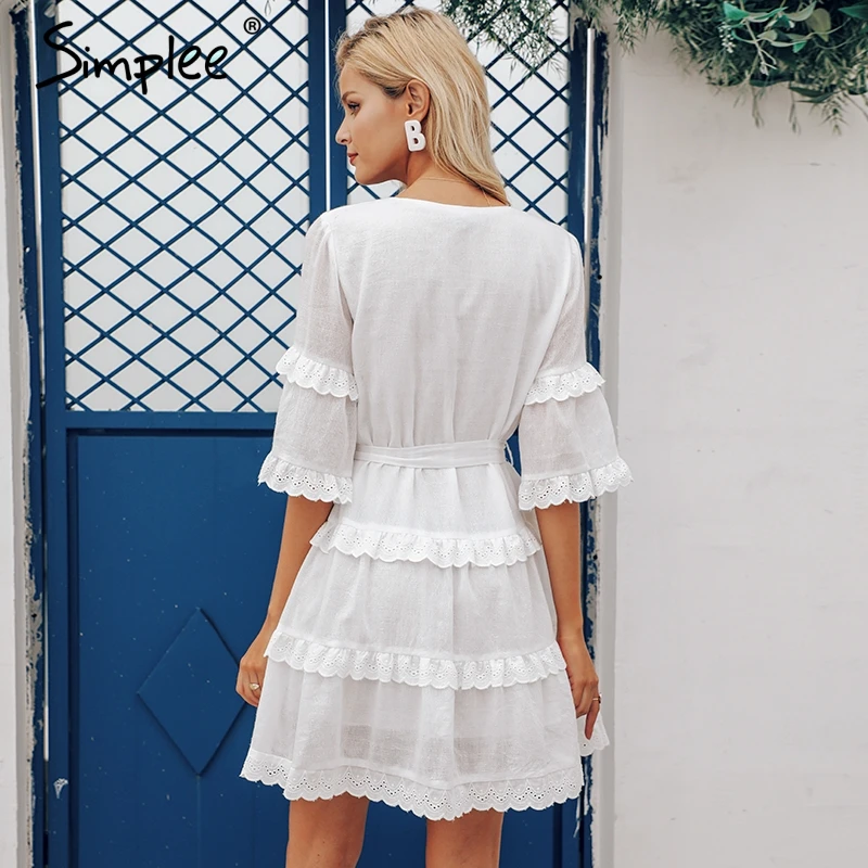 Simplee Elegant embroidery white women dress Flare sleeve ruffle sashes summer dresses Casual v-neck sexy dress female vestidos
