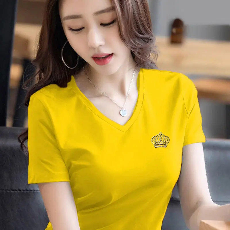 

Embroidered undershirt new spring and Summer V short-sleeved t-shirt Korean version of women's casual shir