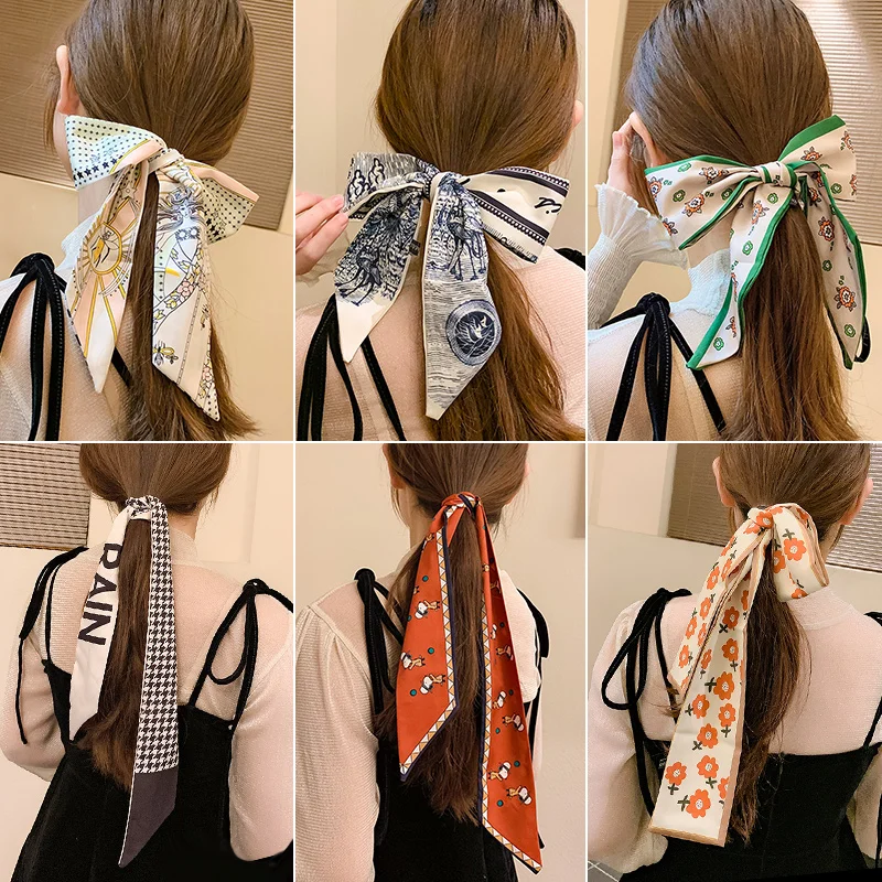 

2021 New Women Narrow Long Scarf Chic French Gentle Elegant Chiffon Silk Tie Letter Print Bag Ribbon Headband Hair Accessories