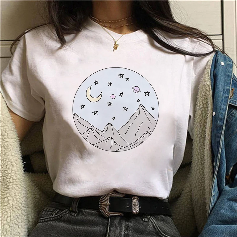 

Starry Sky Sunrise Printed Women T Shirt Aesthetic Tshirts Short Sleeve Casual White Top Tee Female Harajuku T-Shirts Casual