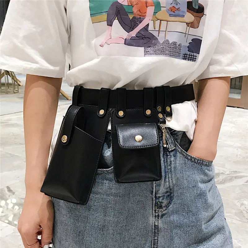 

Stylish Punk Waist Pack 2Pcs Woman Waist Packs Keychain Casual Female Solid Color PU Leather Chest Crossbody Bag