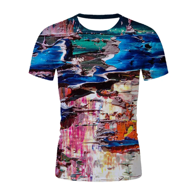 

New Oil Painting Women T Shirt 2021 Summer Short Sleeve O-Neck Tops Lady 3D Rainbow Gradient T-shirt Plus Size Art Clothing Men