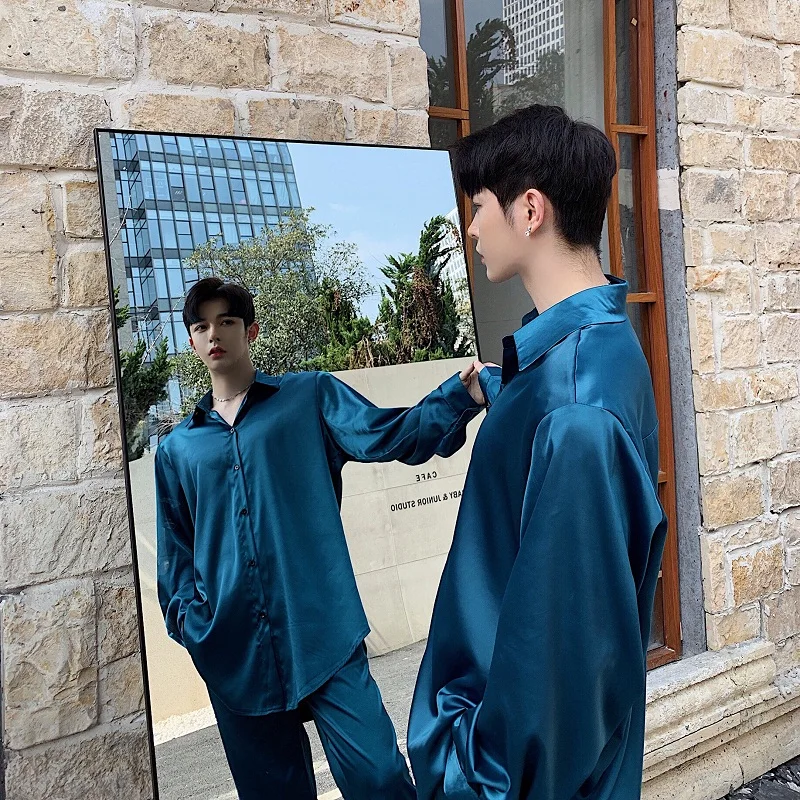 Рубашка мужская атласная с длинным рукавом тонкая Сорочка свободного покроя в