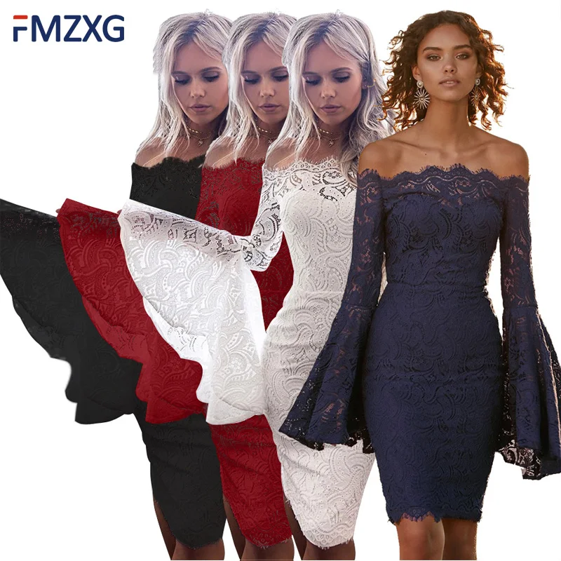 2020 Summer Women White Lace Pencil Elegant Dress Sexy Strapless Horn Long Sleeve Slim Hip Party Bodycon Vestido De Fiesta | Женская