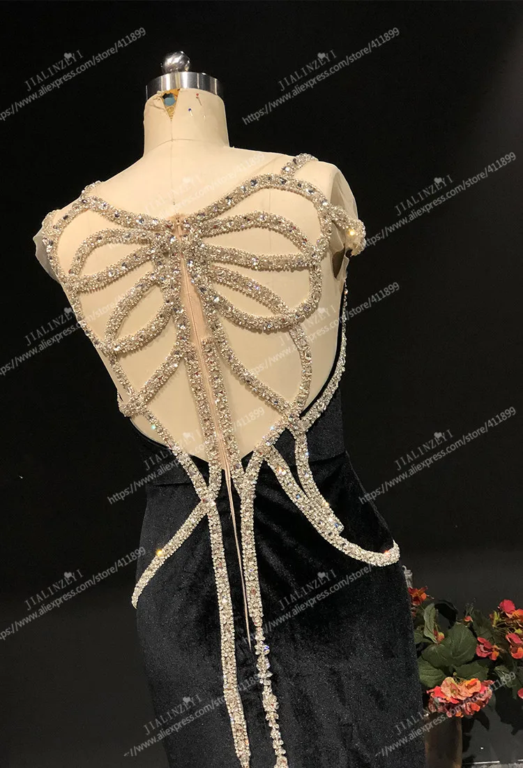 Rhine real Pictures Marchesa Black Velet with Crystal Mermaid sexy back arabic evening dresses long