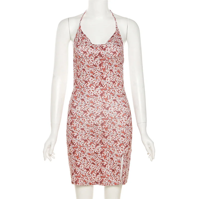 

Summer Ladies Sleeveless Halter Halter Split Bodycon High Street Vestido 2021 New Dress Summer Strapless Sexy Floral Mini Dress