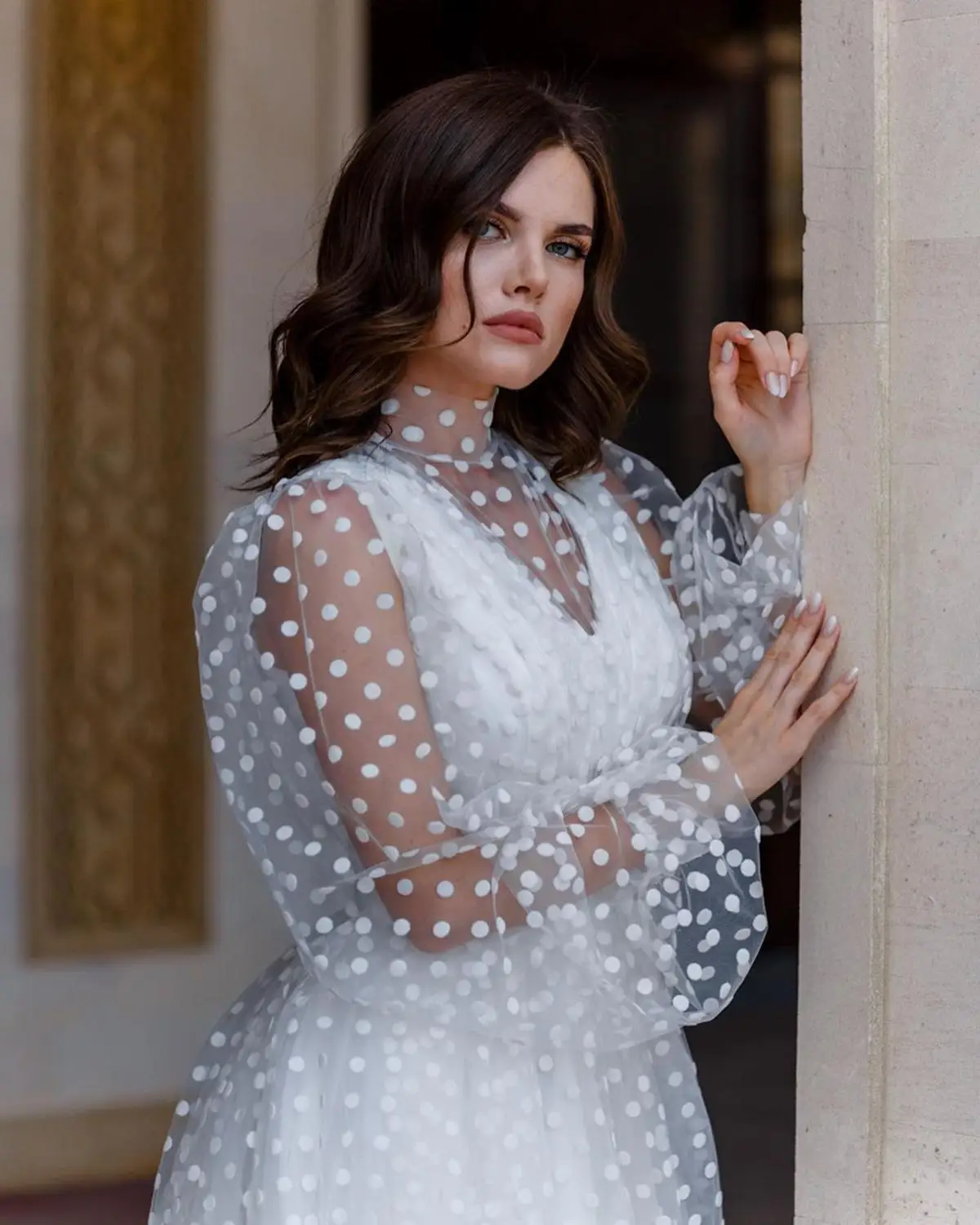 Linglewei Новинка весны и лета женское платье новый с узором в горошек сеткой