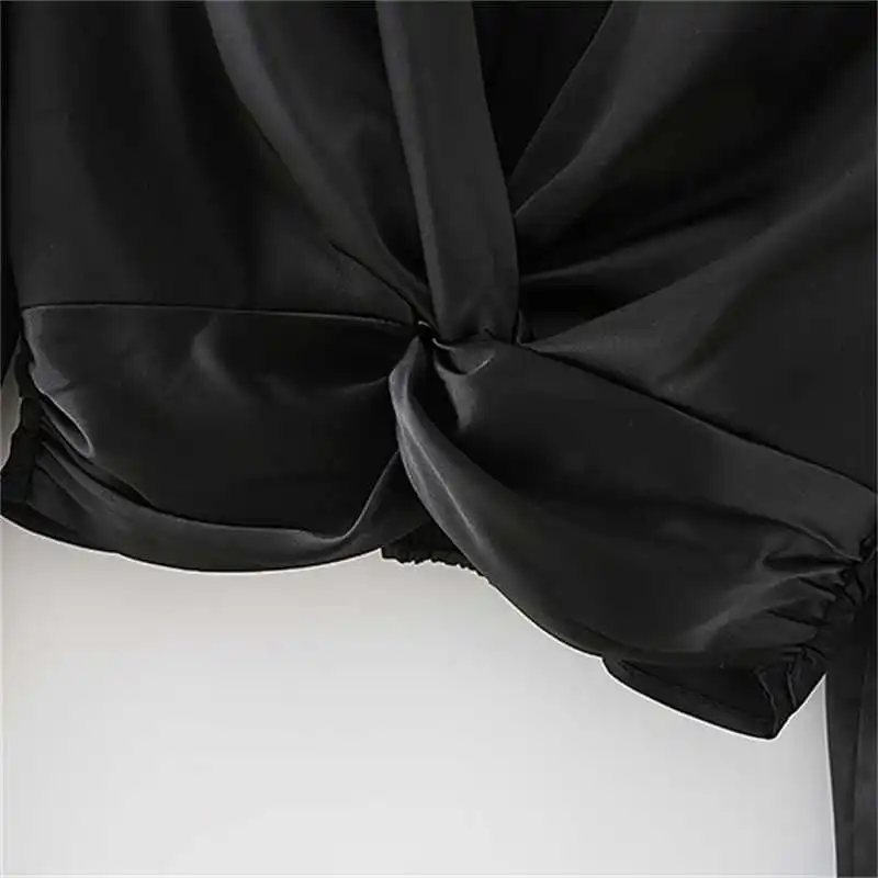 

Women 2021 Fashion Knotted Silk Satin Texture Blouses Vintage V Neck Long Sleeve Female Shirts Blusas Streetwear