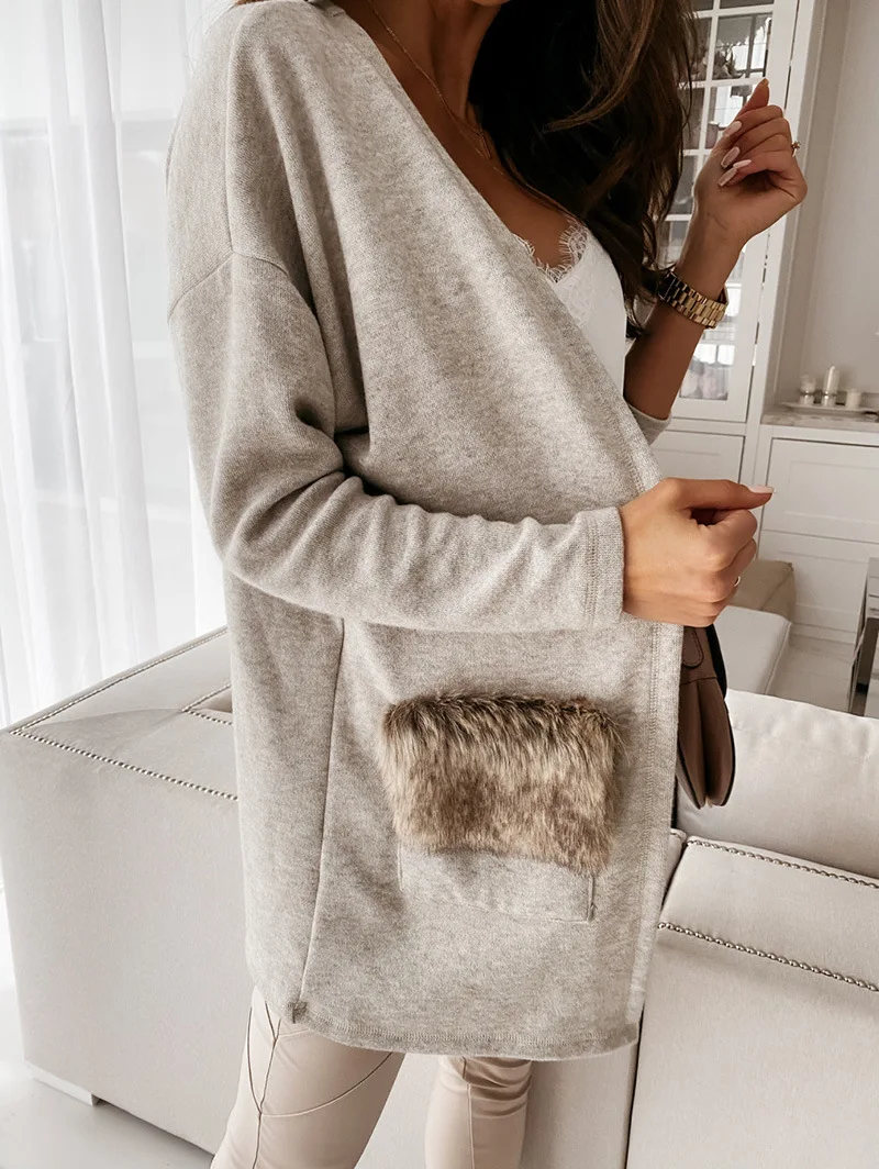

2021 spring Autumn Fashion Lace Up Cardigan jacket women Office Lady Outwear with Fur pockets Female Top