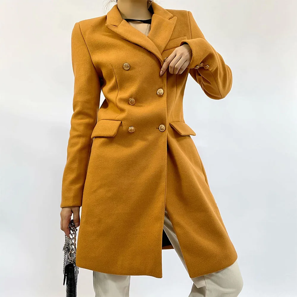 

BM UR HM ZA women's 2021 autumn and winter new fashion all-match slim coat retro double-breasted mid-length woolen coat