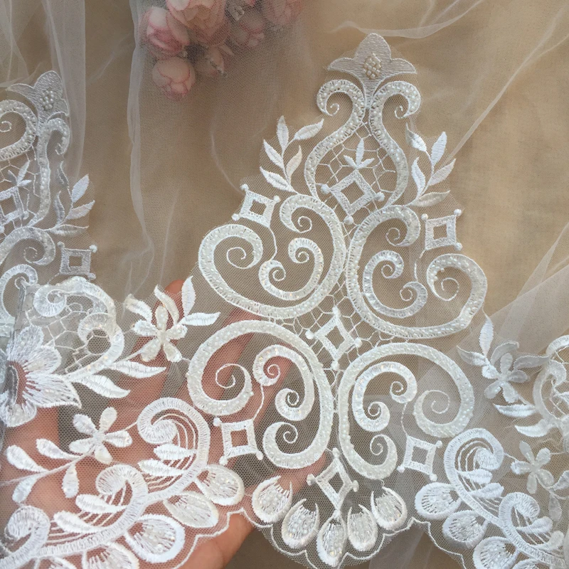

1 Yard Vintage Ivory Beads Lace Wedding Dress Hem Bridal Veil Trim for Bridal gown, Collar, Sash Belt, Headbands