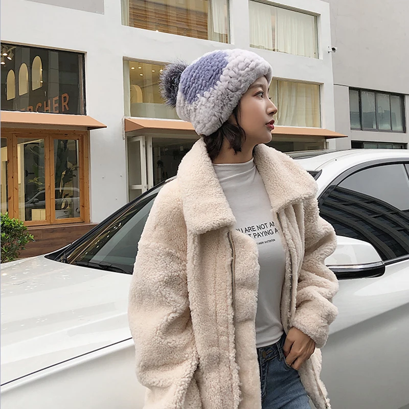 

YCFUR Women Hats Caps Winter Real Rex Rabbit Fur Beanies Hats for Ladies Super Elastic Hat with Silver Fox Fur Pom Cap Female
