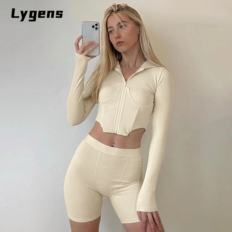

Lygens 2021 Autumn Winter Women Solid Hoodie Sporty Two Pieces Zipper Crop Top Biker Shorts Set Bodycon Tracksuit Outfits