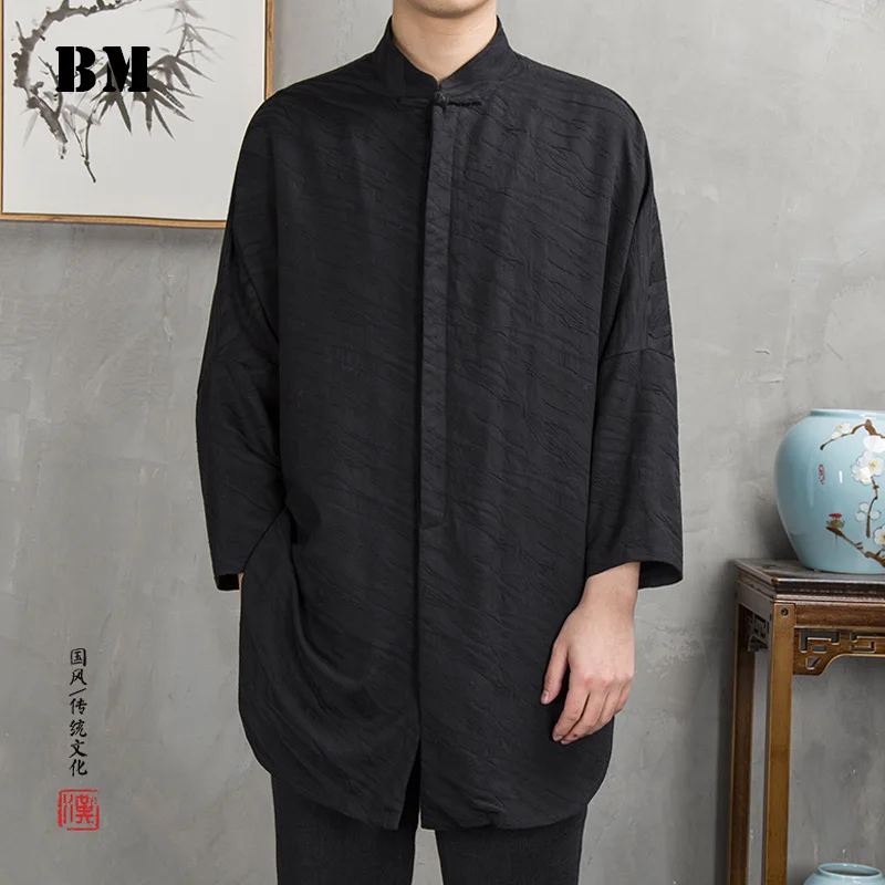 

2021 Chinese Style Spring Autumn Long Cotton Linen Thin Shirt Jacquard Oversized Blouse Men Clothing Harajuku Plus Size Top Male