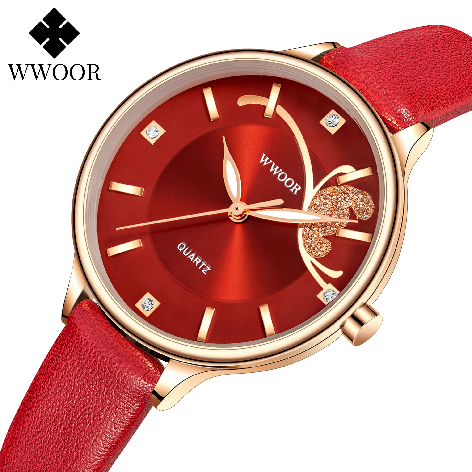 

WWOOR Top Brand Luxury Casual Women Watches Butterfly Geneva Watches Waterproof Red Leather Ladies Bracelet Watches Reloj Mujer