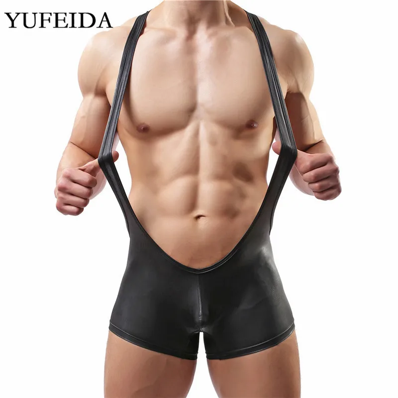 YUFEIDA, сексуальное мужское нижнее белье, боди, комбинезоны, комбинезоны, борцовка, фуфайка, комбинезон из искусственной кожи, трико, боксеры, выпуклый мешочек