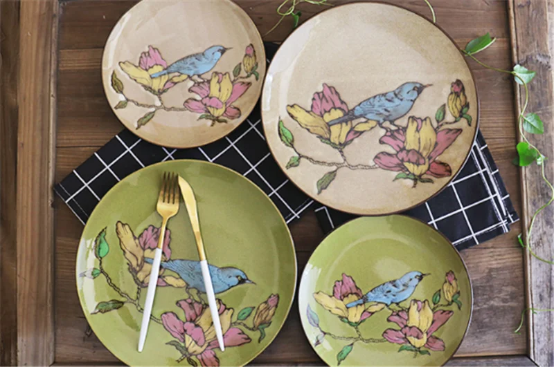 Creative retro hand-painted ceramic cutlery household round flat steak plate art decorative dishes dinner plates tray | Дом и сад