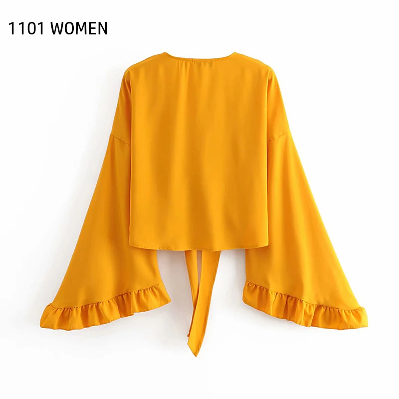 Женский короткий кардиган с расклешенными рукавами ZA повседневный желтый