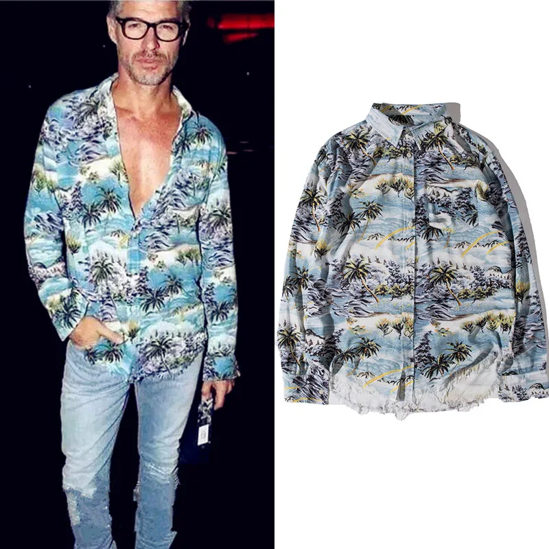 Мужская хлопковая рубашка с длинным рукавом и принтом кокосового