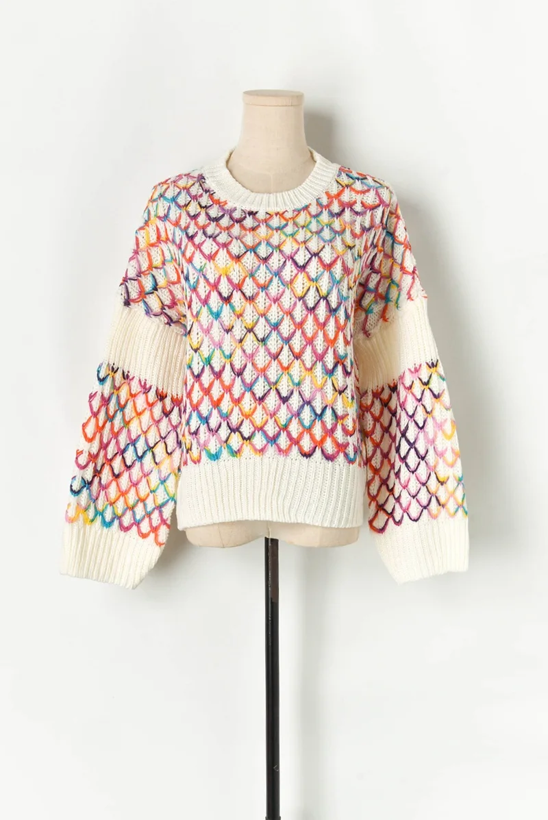 Женский свитер оверсайз с круглым вырезом свободный в клетку корейский вязаный