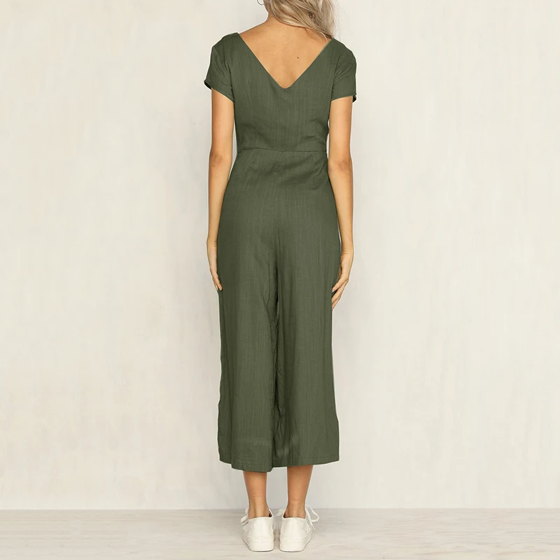 Женский комбинезон с коротким рукавом черный свободный V образным вырезом и