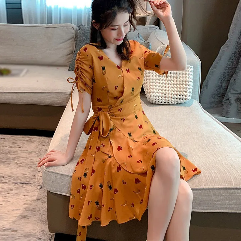 

Women V-Neck Flower Print Dress High Elastic Waist Female Summer Dress Boho Floral Dress Vestidos