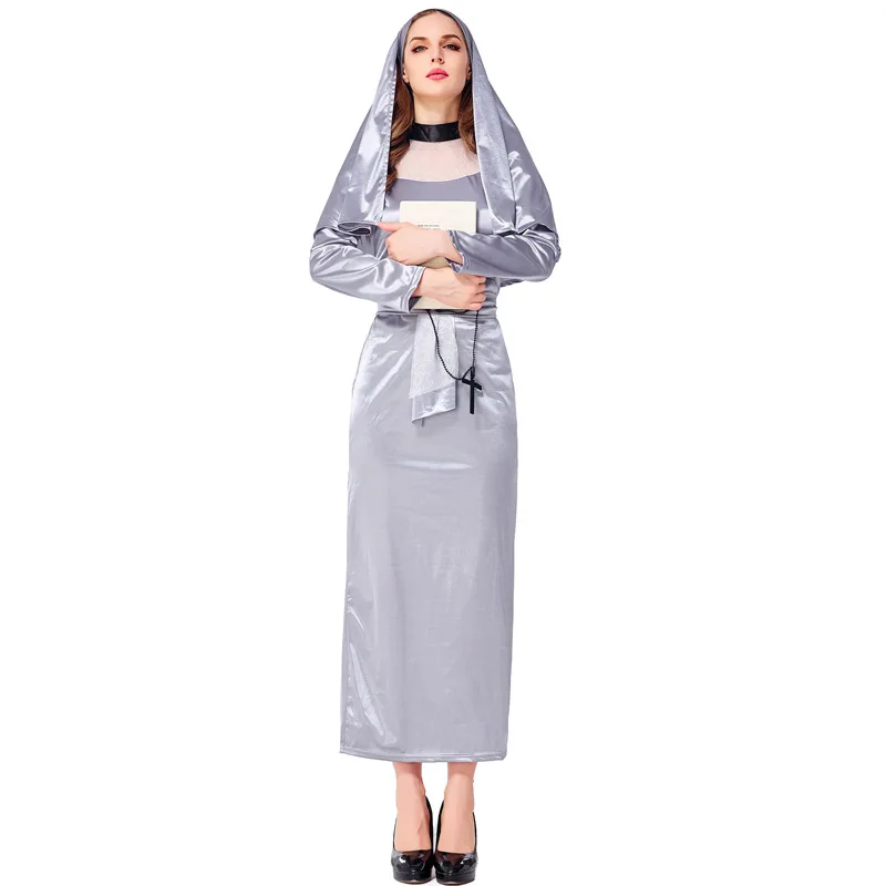 

Halloween Cosplay Virgin Mary Nun Silver Robe Clerical Dress