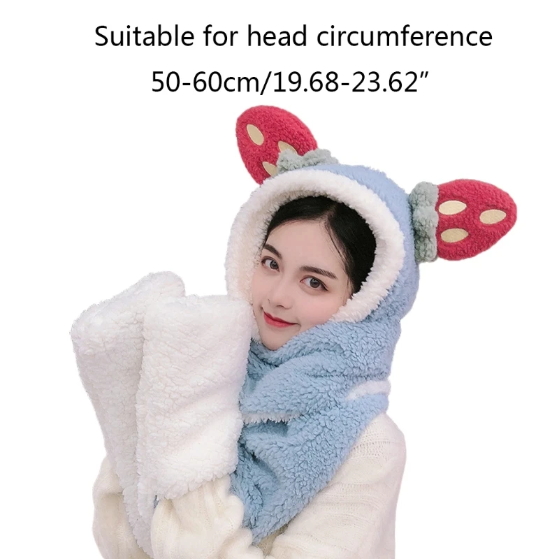 

Women Cartoon Strawberry Ears 3 In 1 Plush Hooded Scarf Hat Gloves Set Winter Warm Windproof Earflap Cap Pocket Mittens