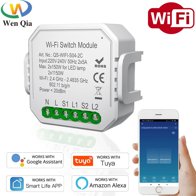 

Tuya Smart Life Wifi Light Switch 2Gang 10A Breaker Module Remote Control Voice Control Time Function Work With Google HomeAlexa