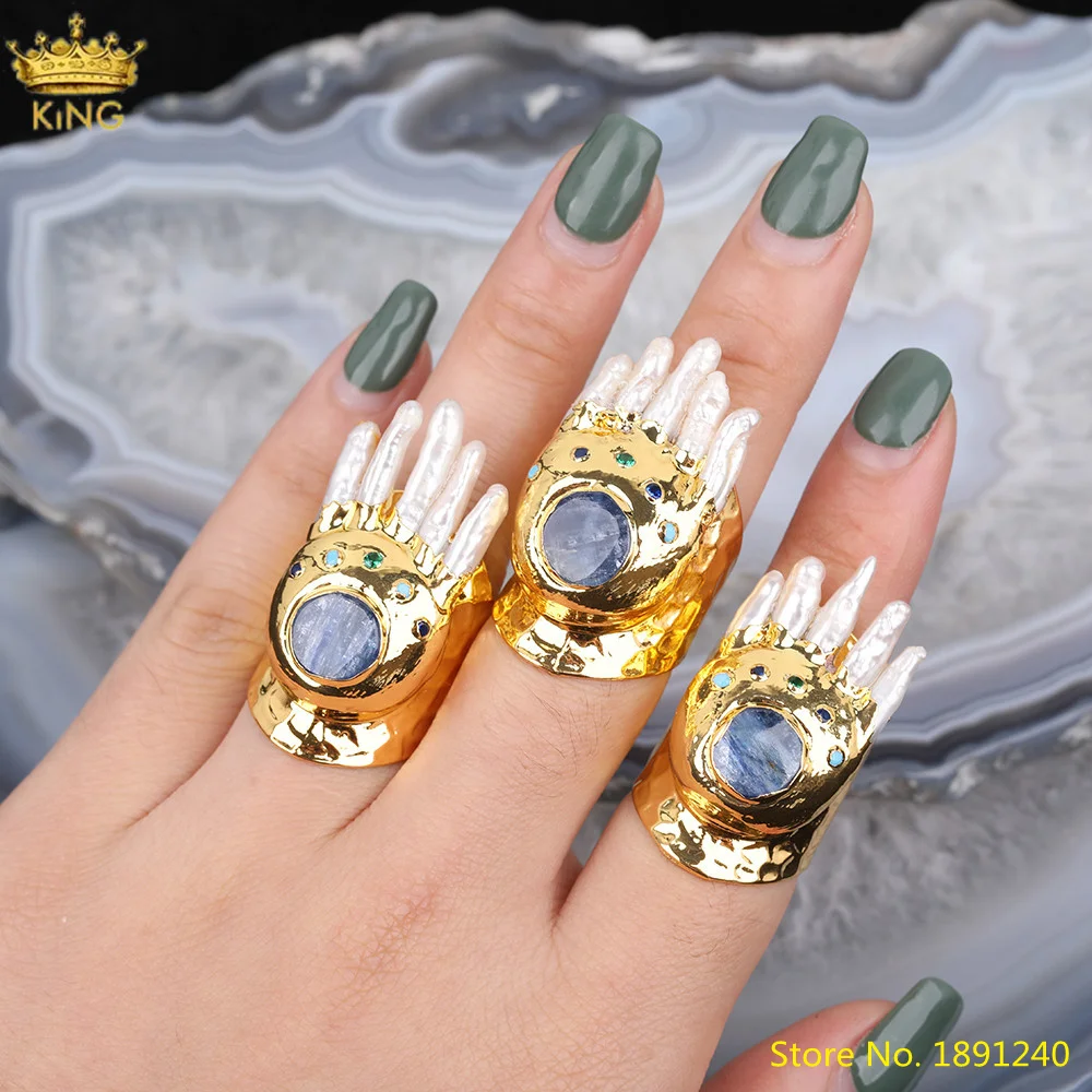 

5pcs Natural Freshwater Pearl Beas Fashion Rings Jewelry,Blue Kyanite Stone Open Adjustable Rings, Gold Copper Ring Jewelry Gift