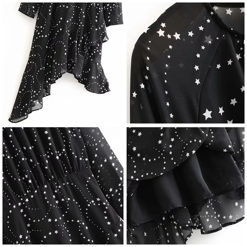 ROHOPO/черное платье миди с градиентным подолом длинным рукавом со звездами