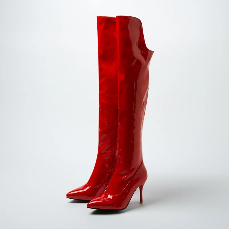 

Fashion Women's High Boots Winter Pointed Toe Patent Leather Femme Shoes Over Knee Add Short Plush Women Thin High Heel Boots