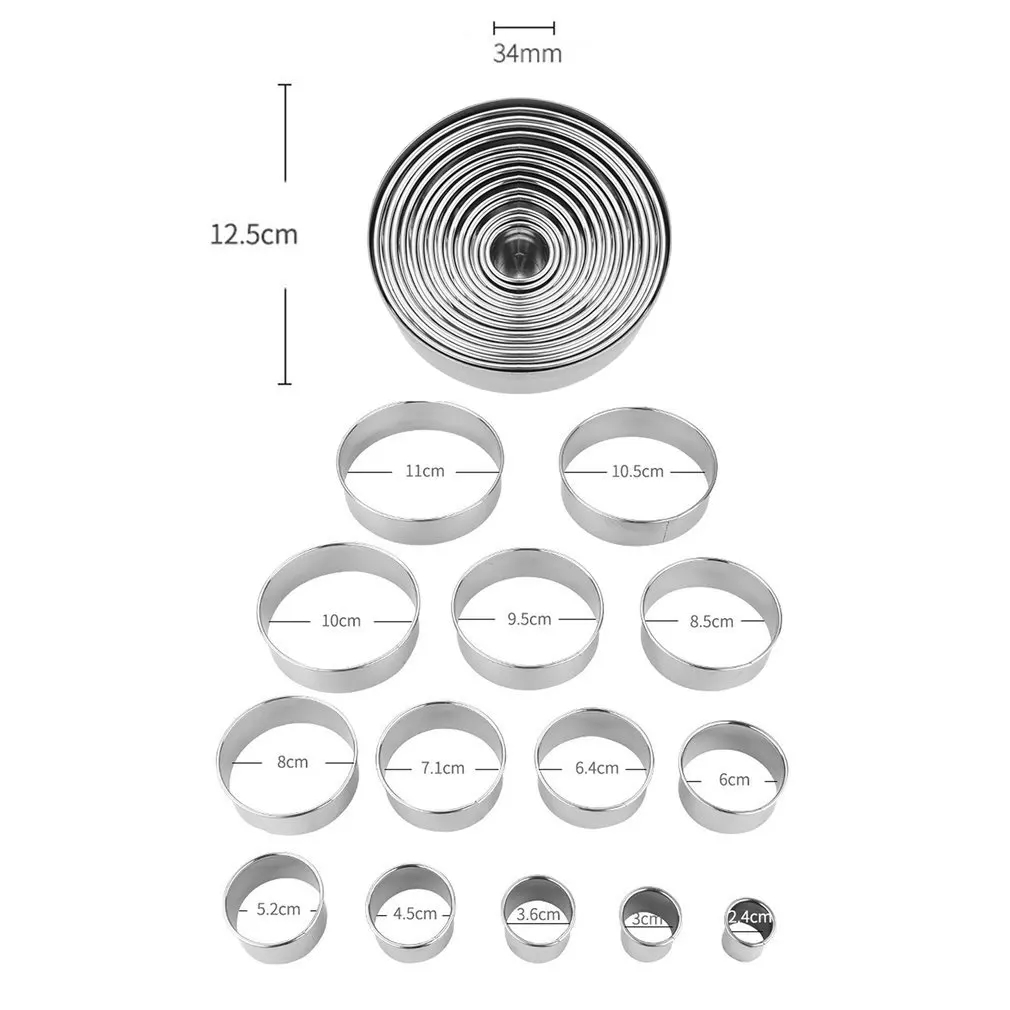 

14pcs Stainless Steel Round Cookie Moulds Practical Biscuit Cutters Circle DIY Mousse Cake Dessert Pastry Decorating Tool