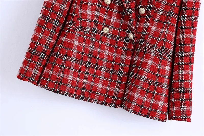 

Long-Sleeved Double Breasted Temperament Blazer Elegant Ladies Red Plaid New Style With Pockets And Notched Collar coat