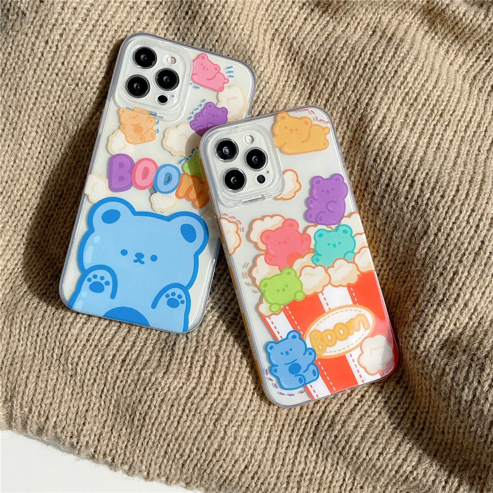 

Candy Color Bear Cartoon Cute Phone Case For iPhone 13 12 11 PRO MAX XS X XR 7 8 PLUS Silicone Soft Frame Clear Protective Cover
