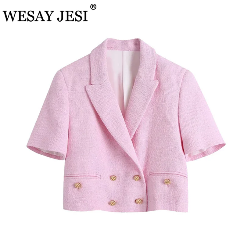 

WESAY JESI Women Blazer TRAF ZA 2021 Buttons Tweed Cropped Blazer Coat Vintage Long Sleeve Female Outerwear Chic Veste Femme