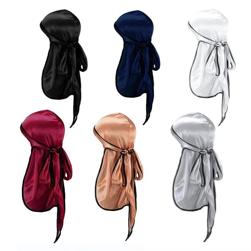 Unisex Men Silky Durag Black Sewing Silk Durags Bandanas For Men Long Tail Doo Du Rag Wave Cap