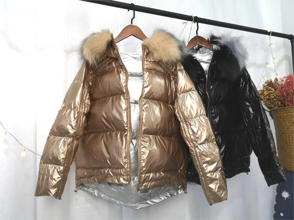 

Luck A Double Sided Down Long Jacket Winter Fur Collar Gold Duck Down Coat Padded Warm Parkas Snow Thick Outerwear