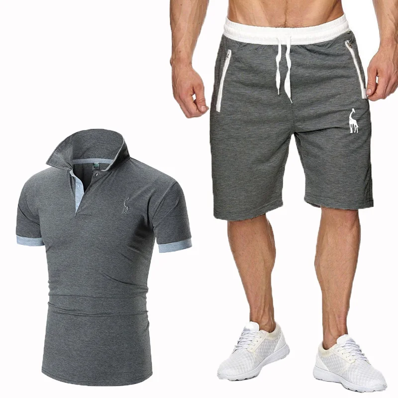 

Men's short-sleeved cuffed T-shirt new deer printed sportswear + casual cotton shorts suit short-sleeved polo shirt five-point p