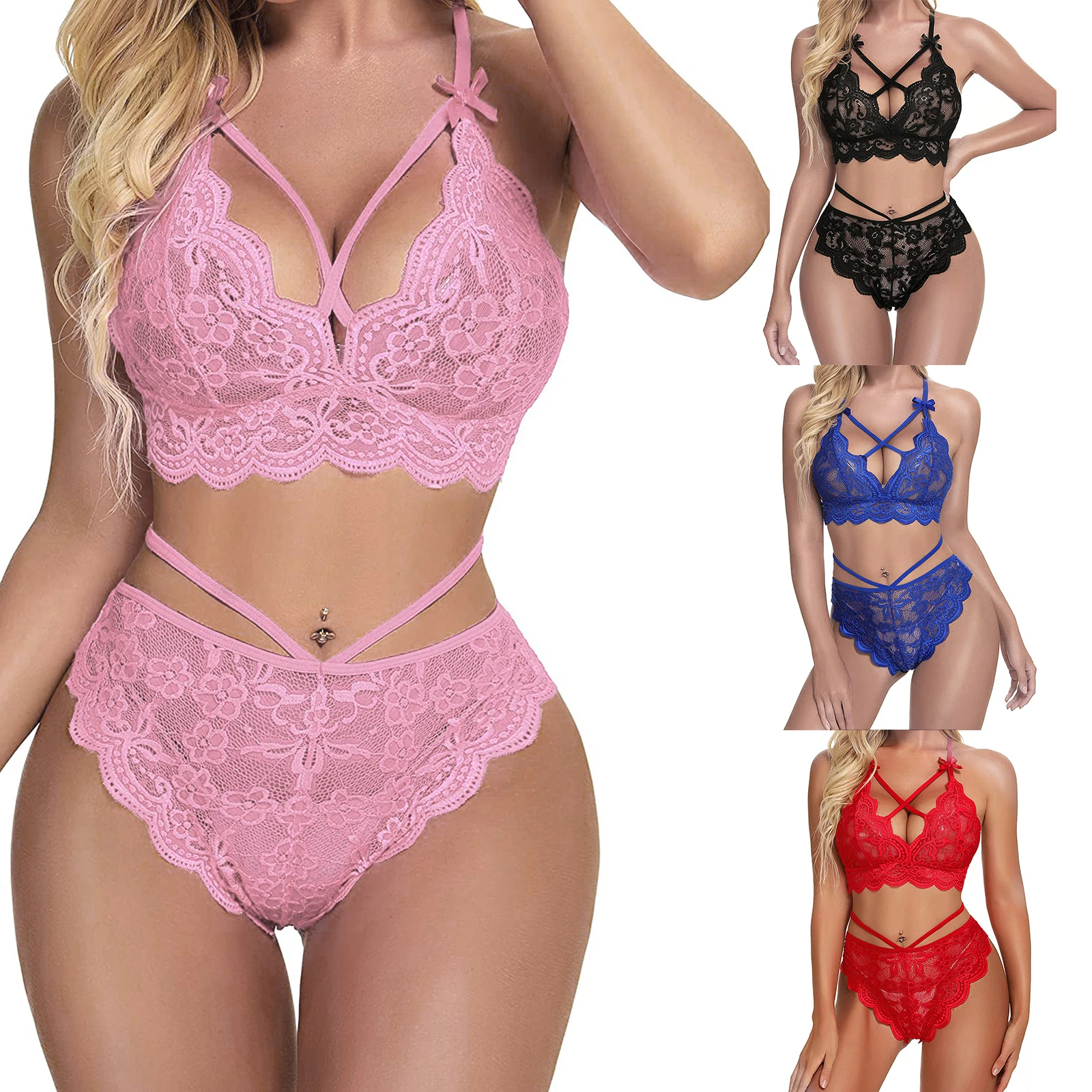 

2021 Newest 2Pcs Women Lingerie Set Crochet Sheer Push-Up Bra+Middle Waist Strappy Panty Suit for Girlfriend Wife 4 Colors