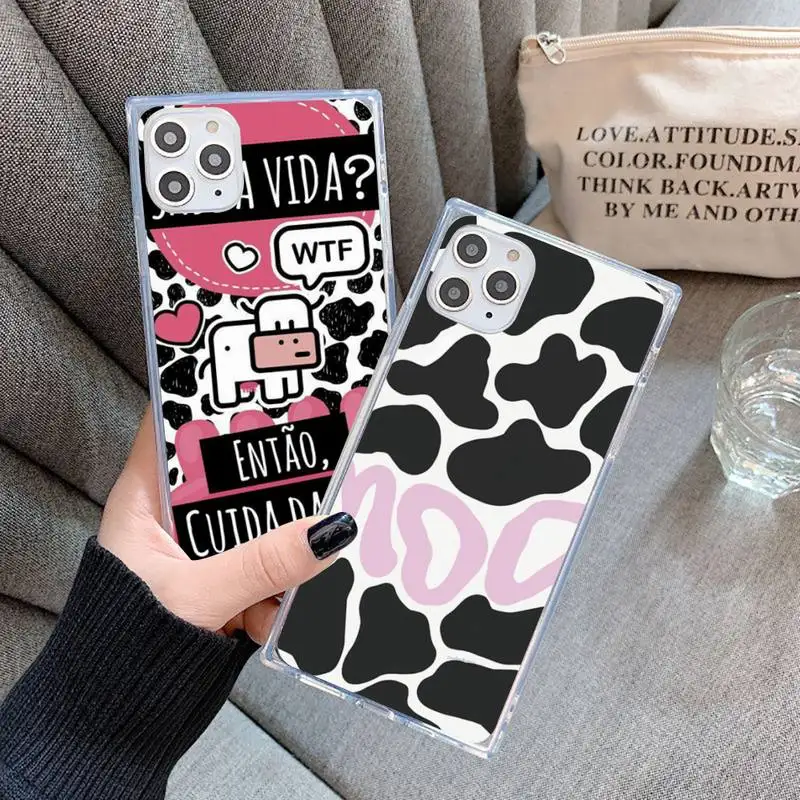 

Cow Print Black White Phone Case For iPhone 7 8 11 12 X XS XR MINI Pro Max Plus Clear Square Transparent
